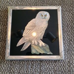 Vintage Snowy Owl Etched Foil Art Silver Tone Framed 6x6 Wall Decor